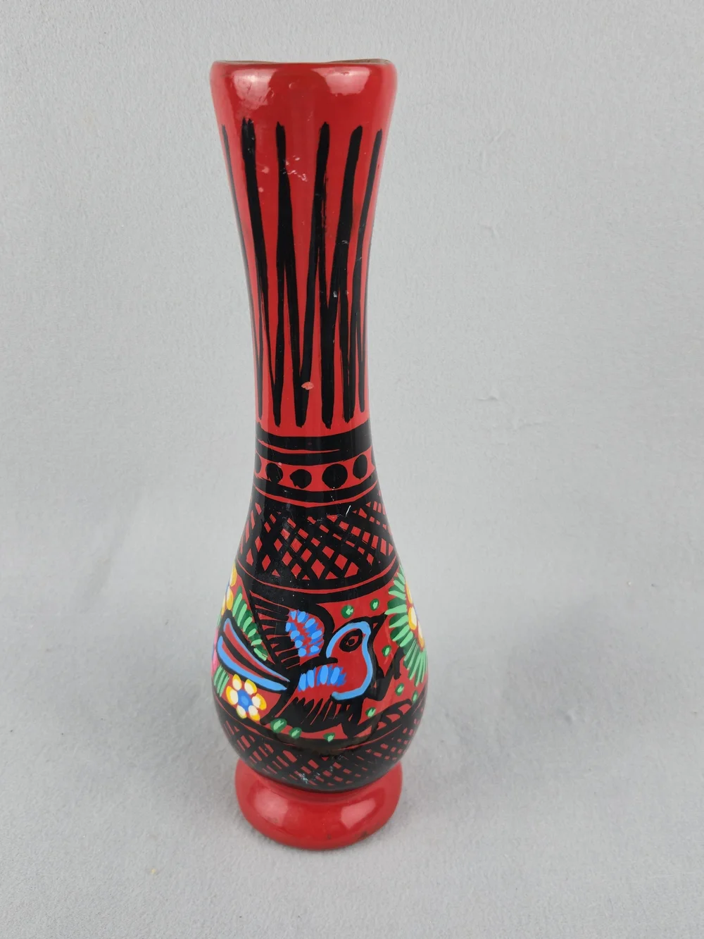 Vintage Mexican Clay Vase Hand Painted Bird Floral Folk Art Decor 13